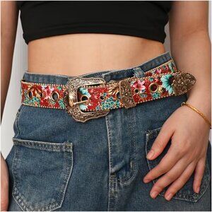 Belt Western Style Red & Turquoise Floral Printed Engraved Golden Buckle & Trim